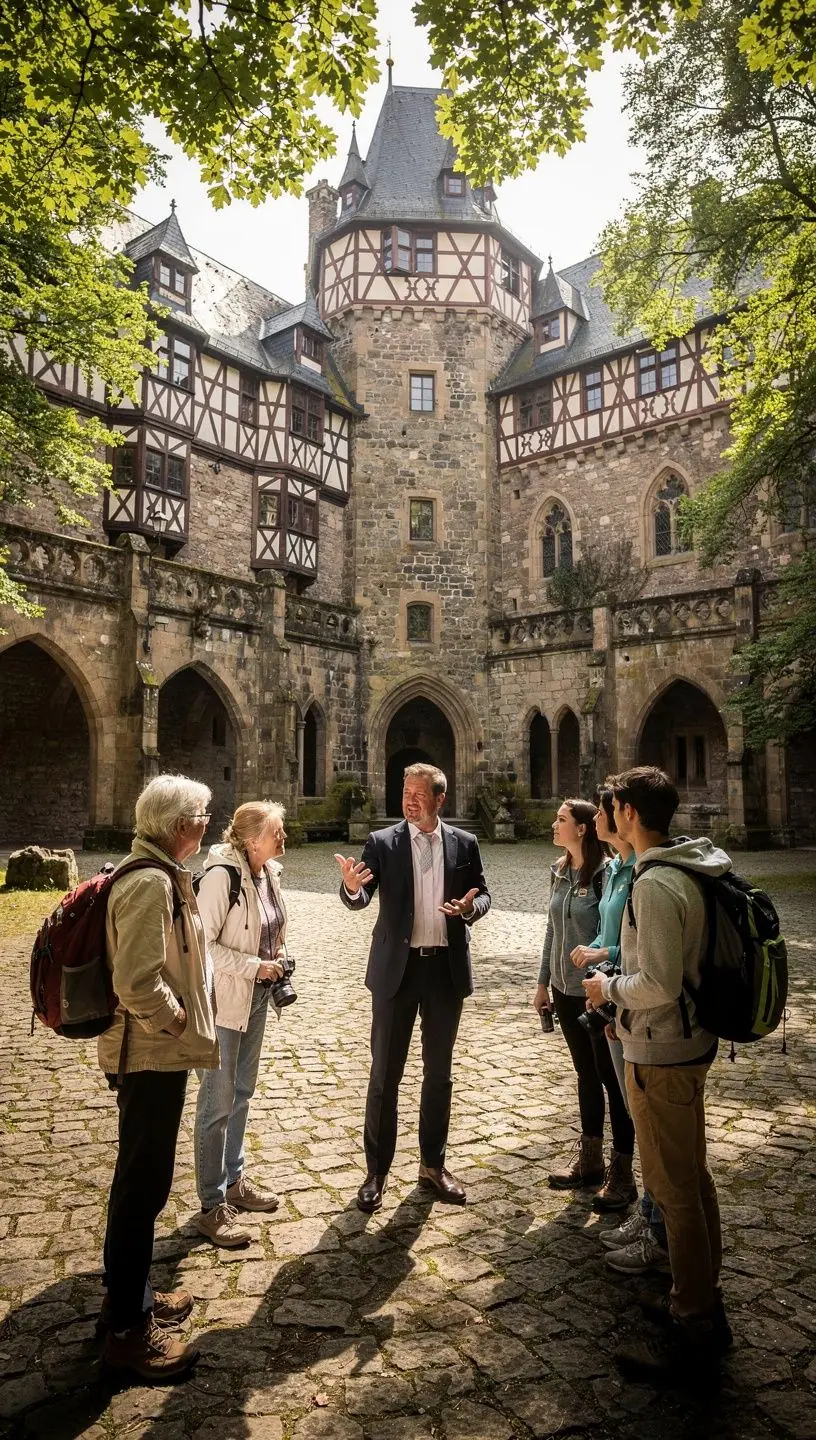 Panoramablick auf eine malerische Burgruine auf einem Hügel mit weiten grünen Wäldern im Hintergrund